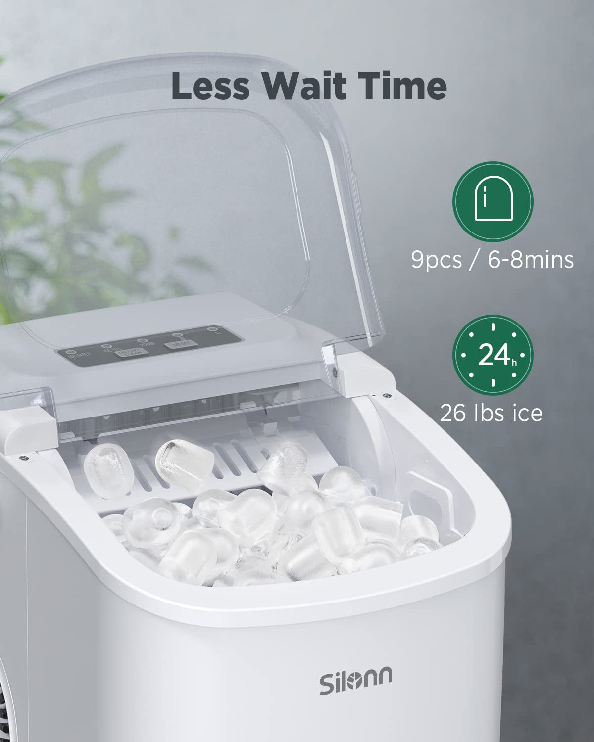Countertop Ice Maker - 9 Cubes in 6 Mins, 26Lbs/24Hrs, Self-Cleaning with Ice Scoop & Basket, 2 Sizes Bullet Ice, White