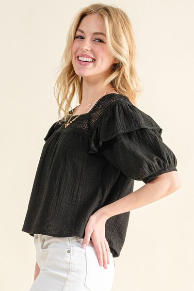 Square Neck Ruffled Blouse in Black
