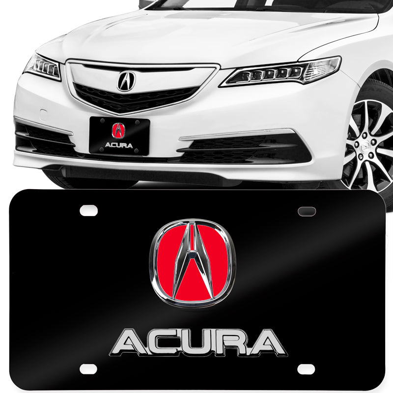 ACURA Stainless Steel Black Chrome Finish 3D Dual Red Logo Front License Plate Frame