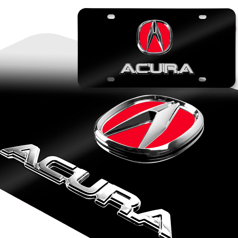 ACURA Stainless Steel Black Chrome Finish 3D Dual Red Logo Front License Plate Frame