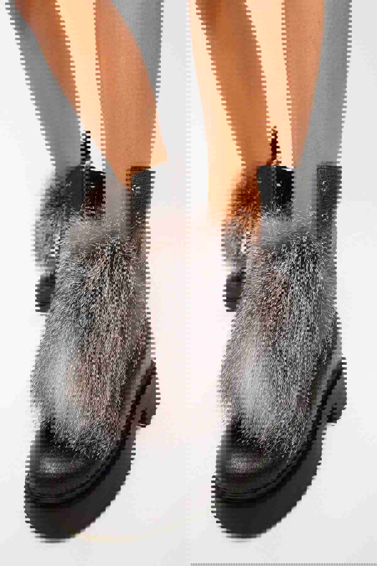 Kajapati Black Leather Natural Fur Mid Calf Women Boot