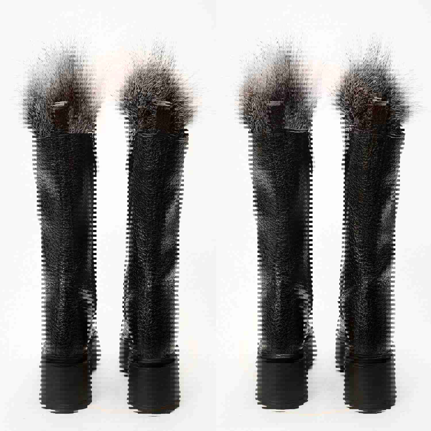 Kajapati Black Leather Natural Fur Mid Calf Women Boot