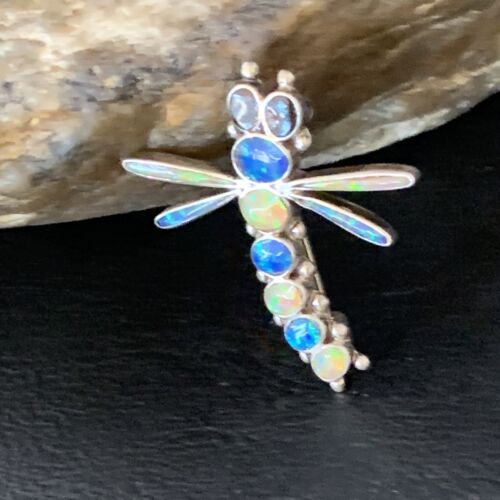 Handmade Zuni White Blue Opal Inlay Dragonfly Sterling Silver Necklace Pin Pendant