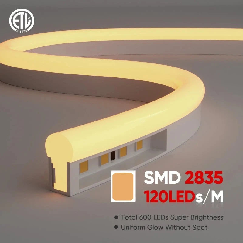 Warm White LED Neon Light - 3000K, 7W/Meter, 240LM/W, IP65, Energy Efficient, ETL Listed