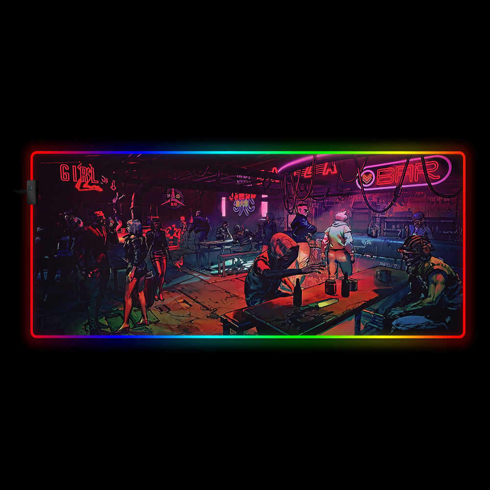 Cyberpunk Bar Design RGB Gaming Mouse Pad - M-XXL Size, USB Powered