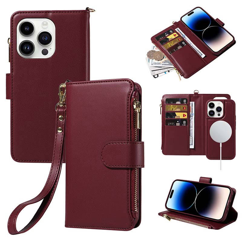 Casekis Cardholder Case with Wrist Strap, MagSafe Compatible, Zipper Pocket, Red Wine