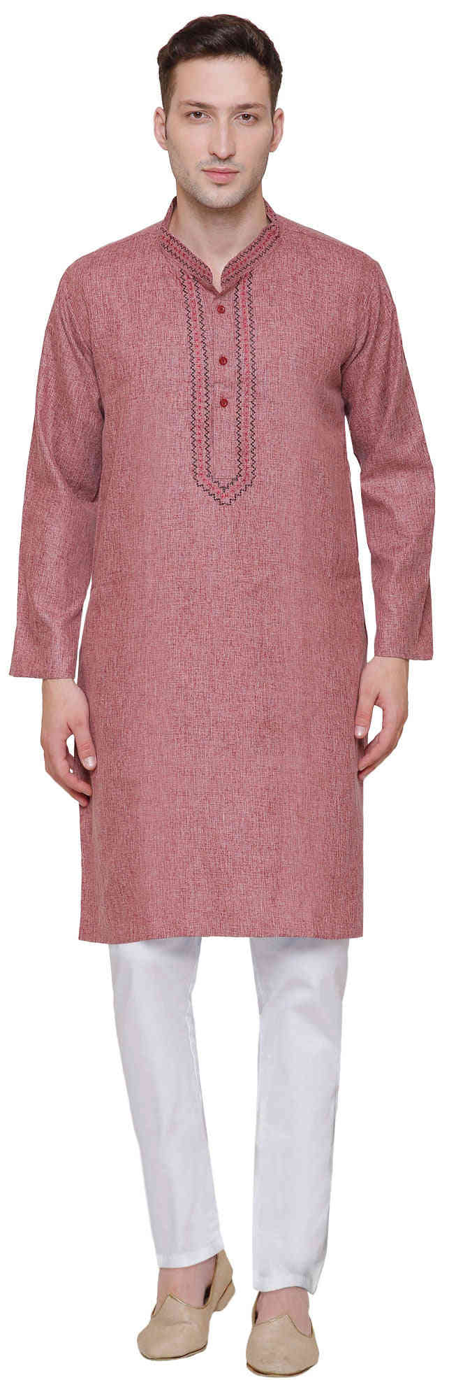 Cotton Embroidered Men's Kurta Pajama - Traditional Indian Attire (Maroon)
