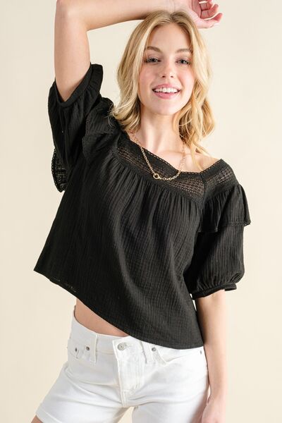 Square Neck Ruffled Blouse in Black