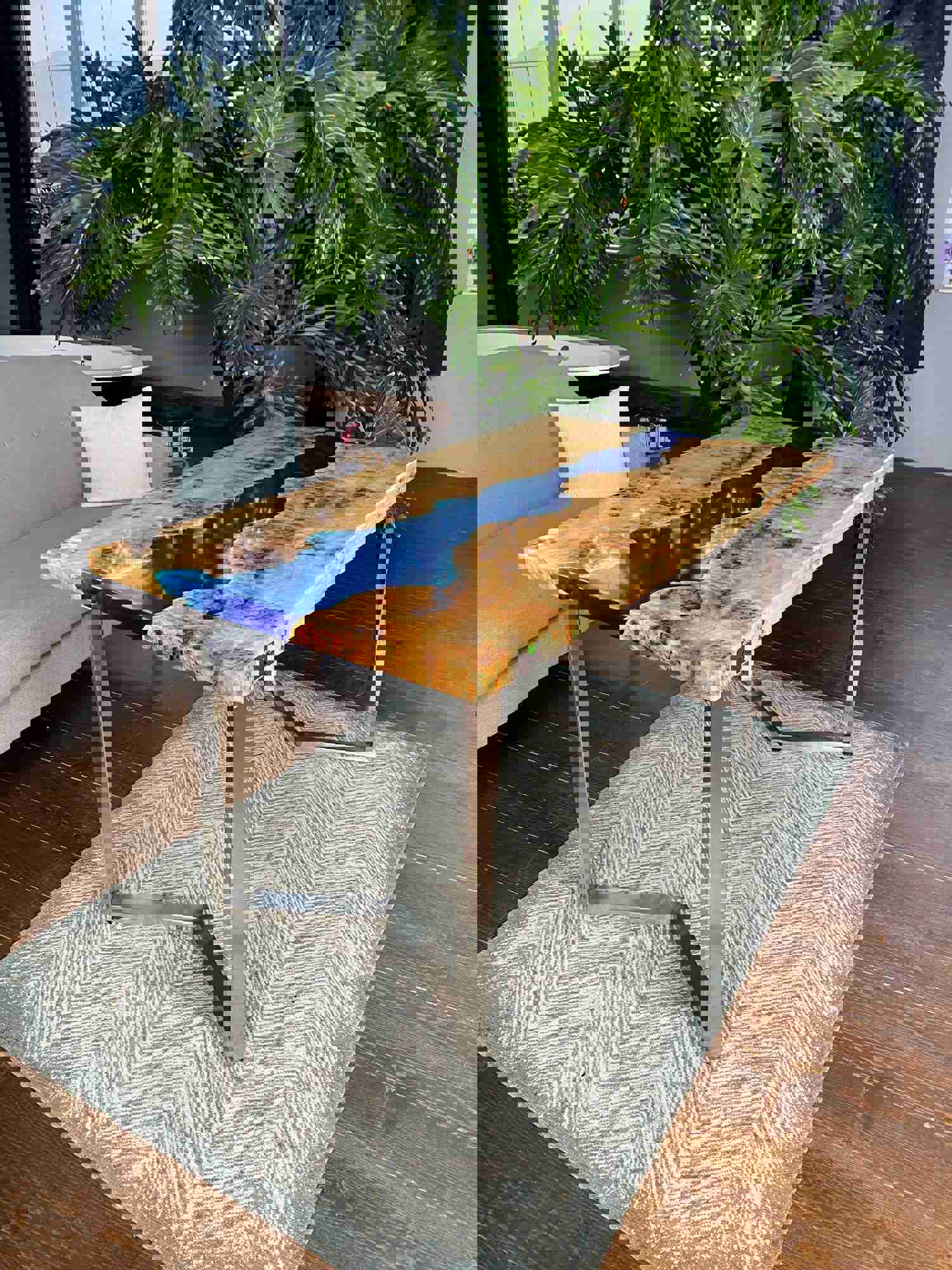 Custom Rectangular Epoxy River Dining Table with Poplar Wood and Blue Resin