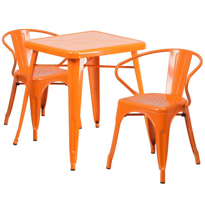 Flash Furniture Owen Commercial Grade 23.75 Square Orange Metal Indoor-Outdoor Table Set with 2 Arm Chairs