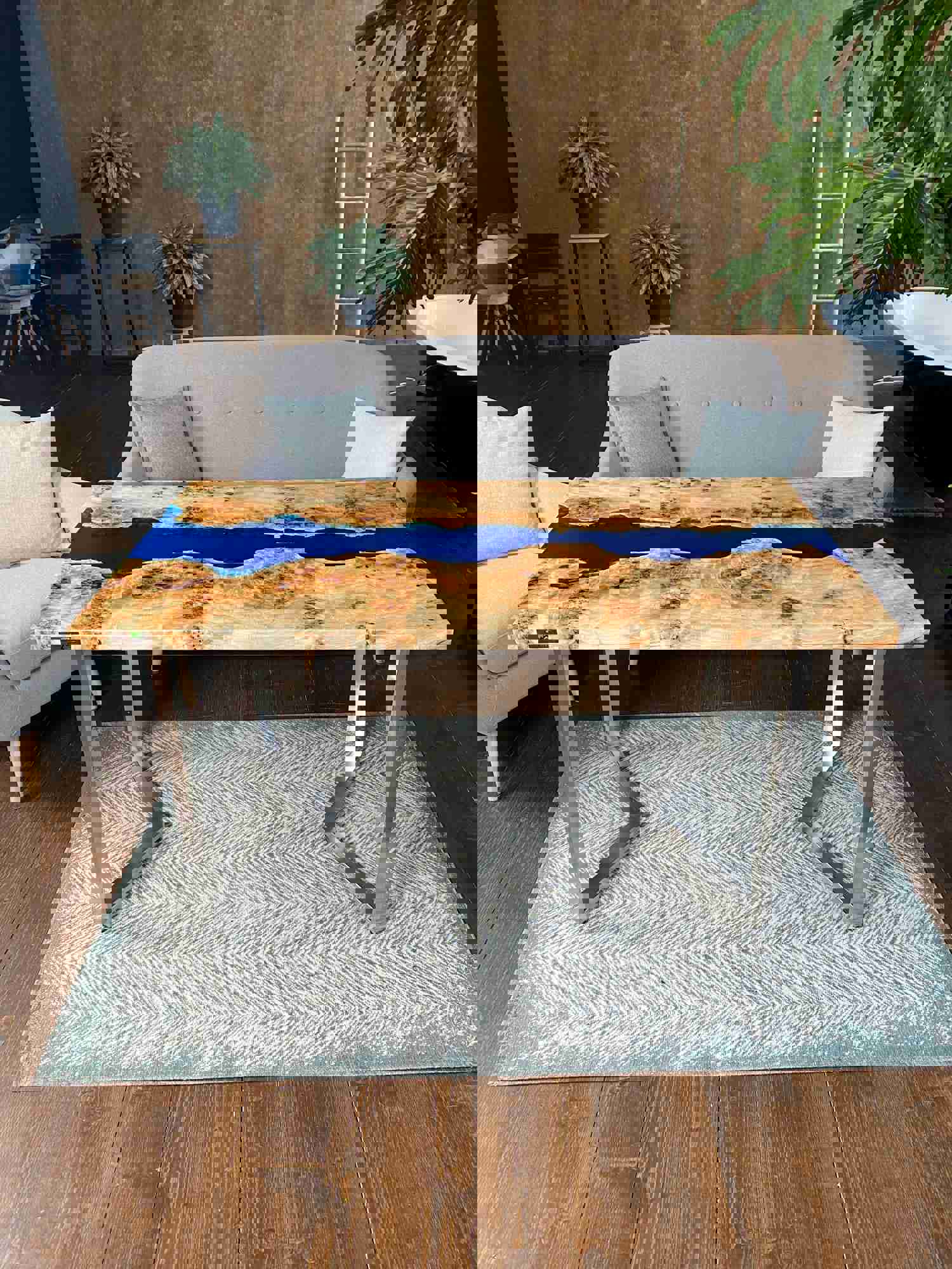 Custom Rectangular Epoxy River Dining Table with Poplar Wood and Blue Resin