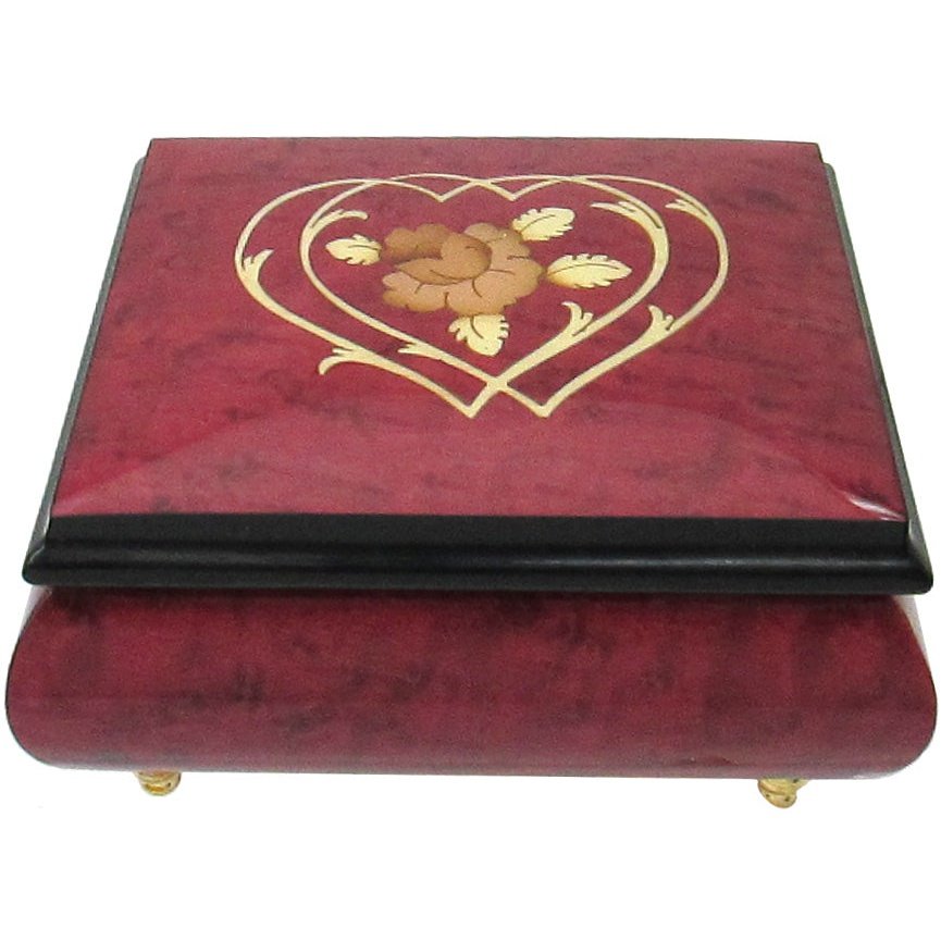 Italian Music Box, 5, Red Wine with Heart Floral Inlay