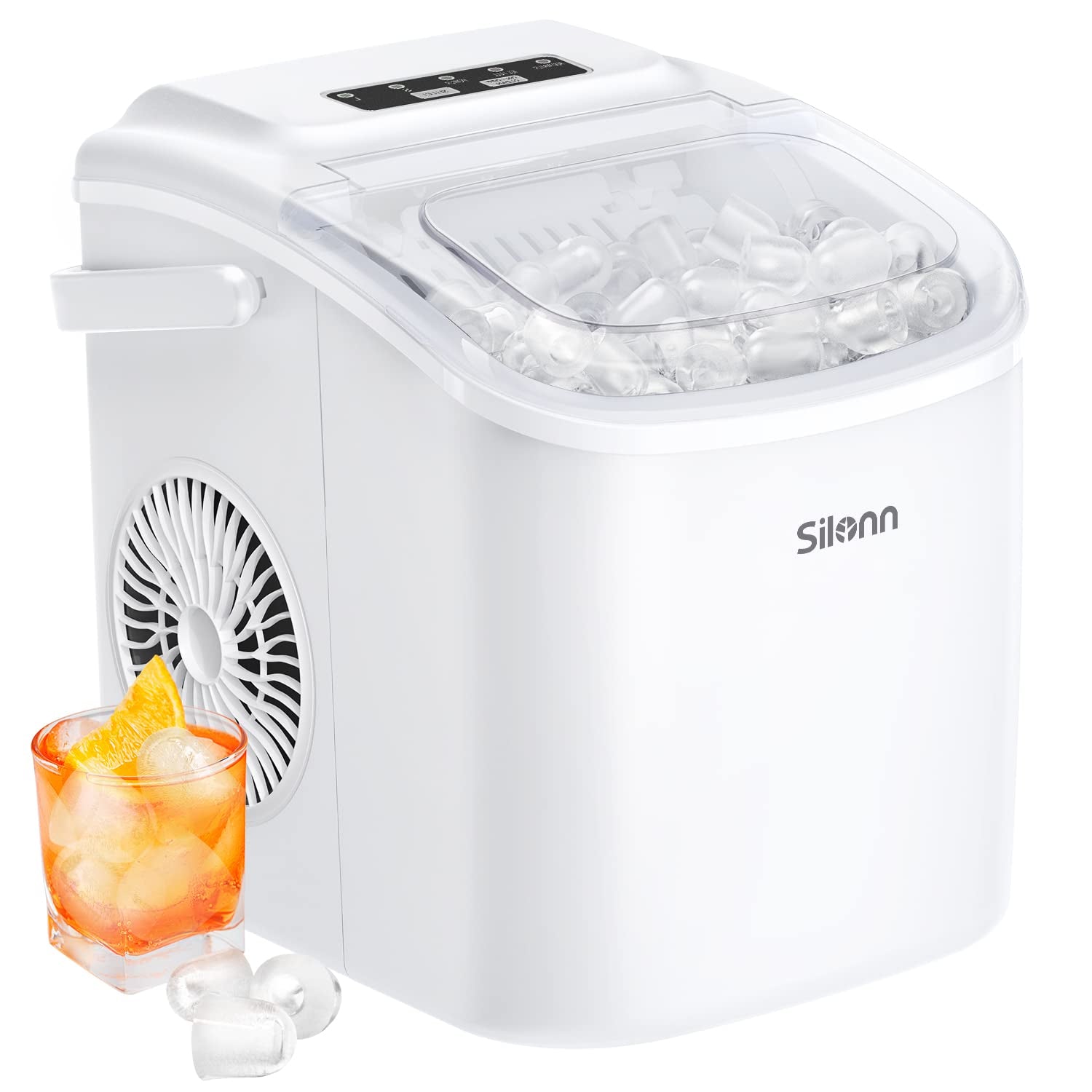 Countertop Ice Maker - 9 Cubes in 6 Mins, 26Lbs/24Hrs, Self-Cleaning with Ice Scoop & Basket, 2 Sizes Bullet Ice, White