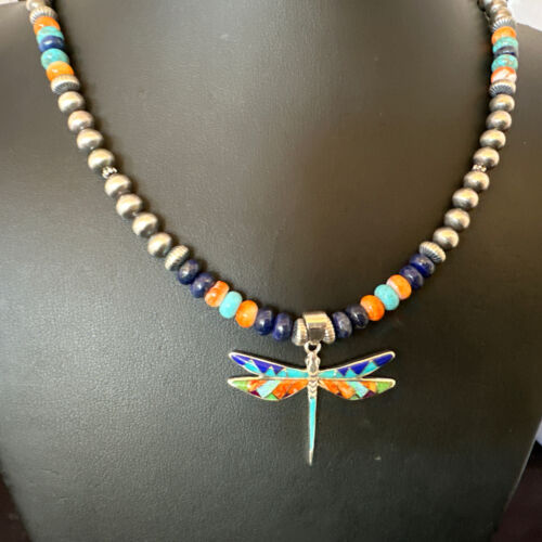 Dragonfly Sterling Silver Turquoise Spiny Inlay MultiColor Pendant