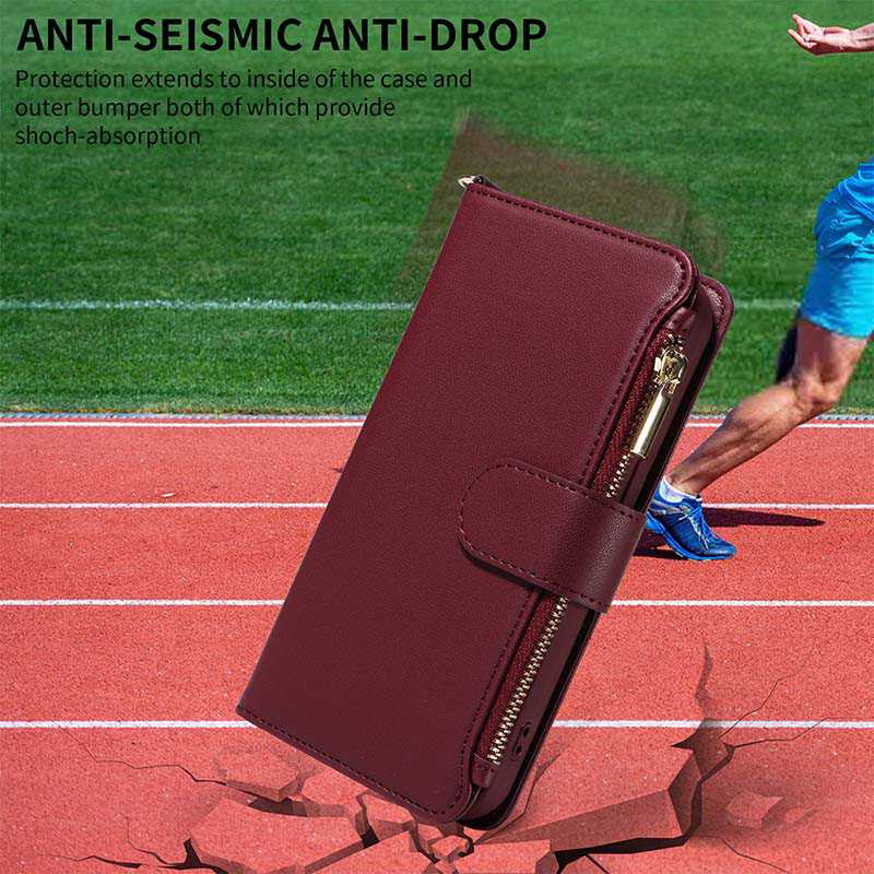 Casekis Cardholder Case with Wrist Strap, MagSafe Compatible, Zipper Pocket, Red Wine