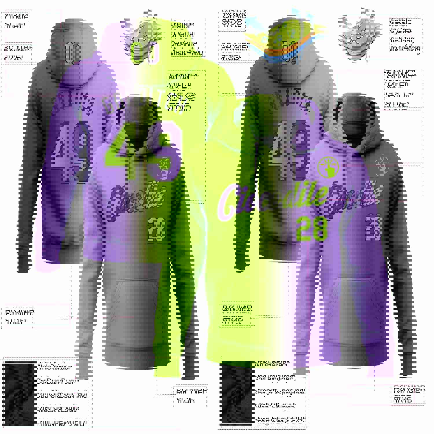 Custom Stitched Purple Neon Green-Black Gradient Fashion Sports Pullover Sweatshirt Hoodie