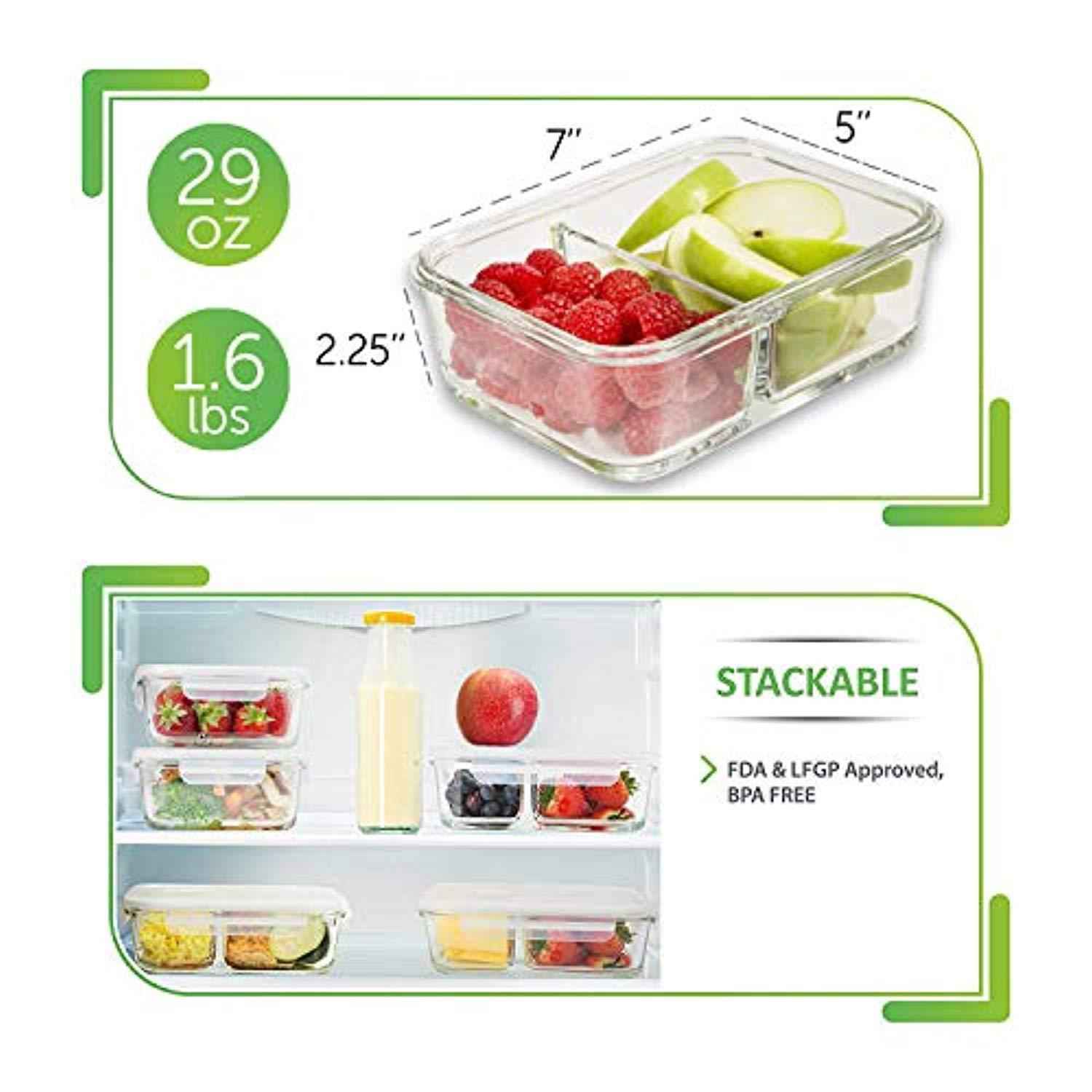 3-Piece Glass Meal Prep Containers with 2 Compartments - 29oz