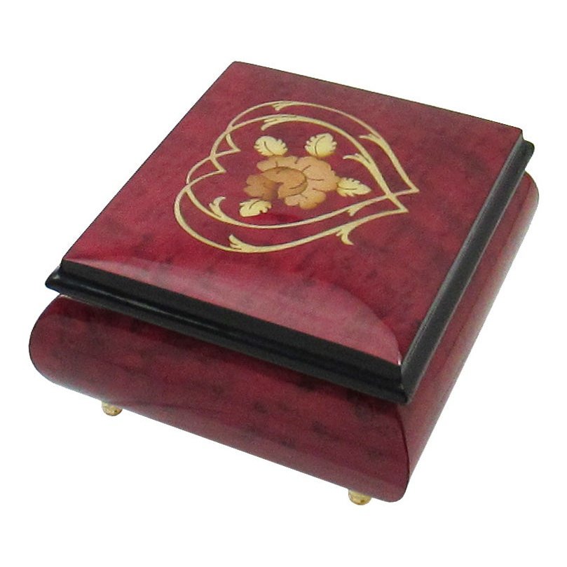 Italian Music Box, 5, Red Wine with Heart Floral Inlay