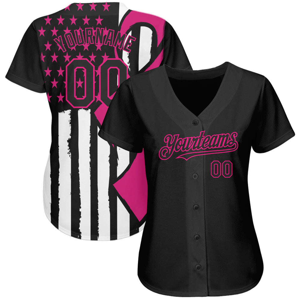 Custom Black Hot Pink-White 3D Pink Ribbon Breast Cancer Awareness Baseball Jersey