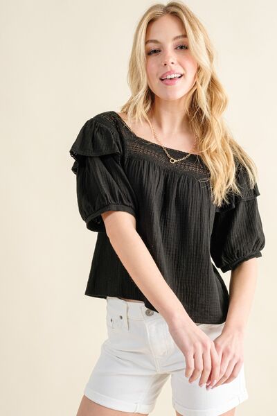 Square Neck Ruffled Blouse in Black