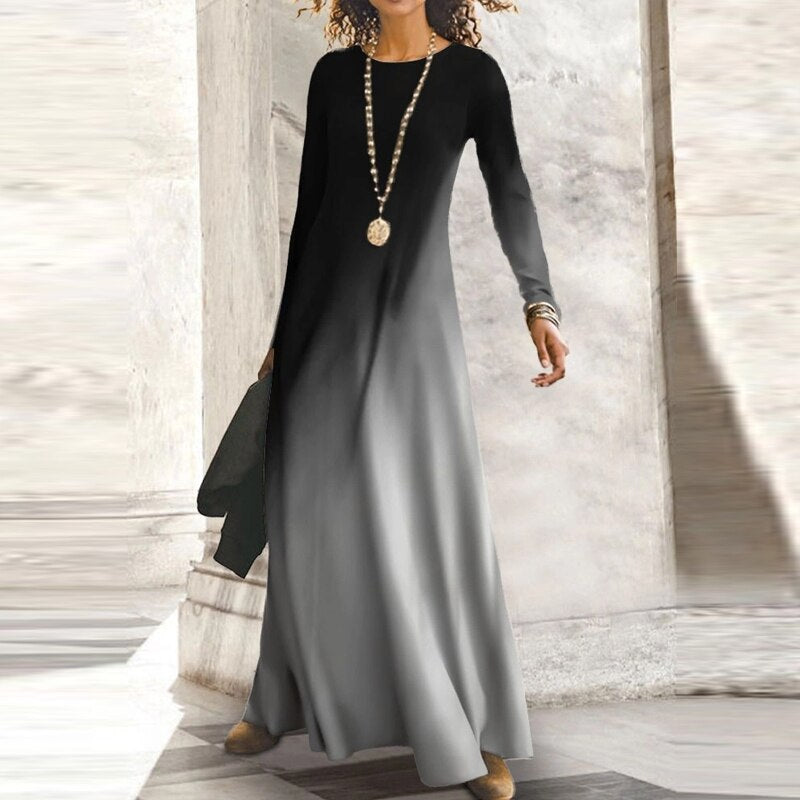 Anokhinaliza Women's Casual Patchwork Print Party Dress - Elegant Long Sleeve Floor-Length Dress for Spring/Autumn