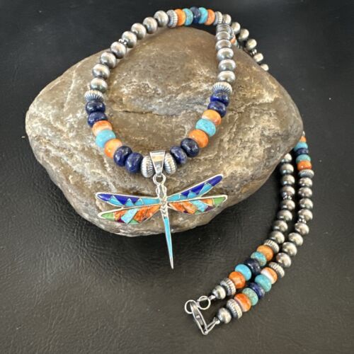 Dragonfly Sterling Silver Turquoise Spiny Inlay MultiColor Pendant