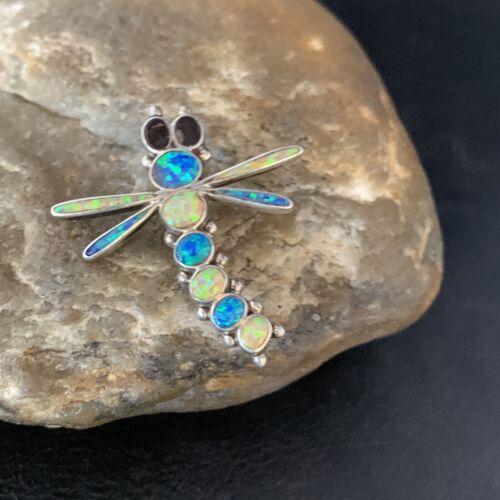 Handmade Zuni White Blue Opal Inlay Dragonfly Sterling Silver Necklace Pin Pendant