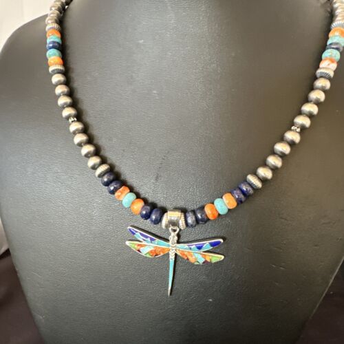 Dragonfly Sterling Silver Turquoise Spiny Inlay MultiColor Pendant
