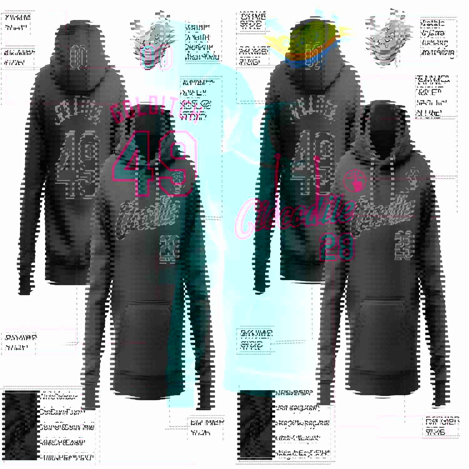 Custom Stitched Black Teal-Pink Gradient Fashion Sports Pullover Sweatshirt Hoodie