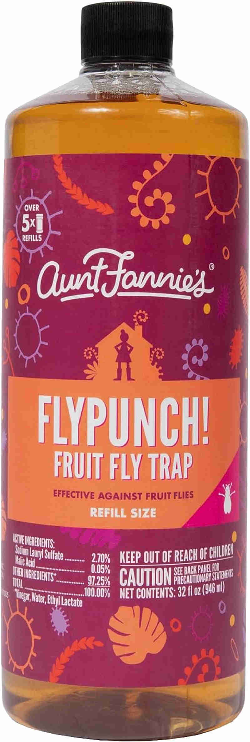 Aunt Fannie’s FlyPunch! Fruit Fly Trap Refill - 32 oz, Plant-Based & Safe for Indoor Use