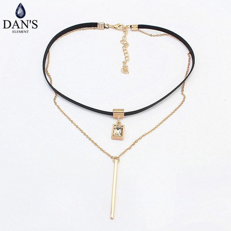 DANS New Fashion Retro Geometric & Crystal Pendant Collar Double Chains Leather Choker Necklace for Women