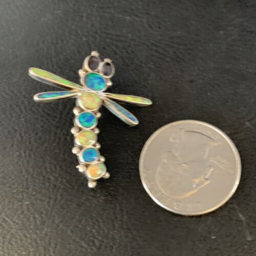 Handmade Zuni White Blue Opal Inlay Dragonfly Sterling Silver Necklace Pin Pendant