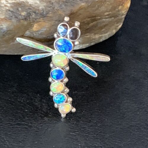 Handmade Zuni White Blue Opal Inlay Dragonfly Sterling Silver Necklace Pin Pendant