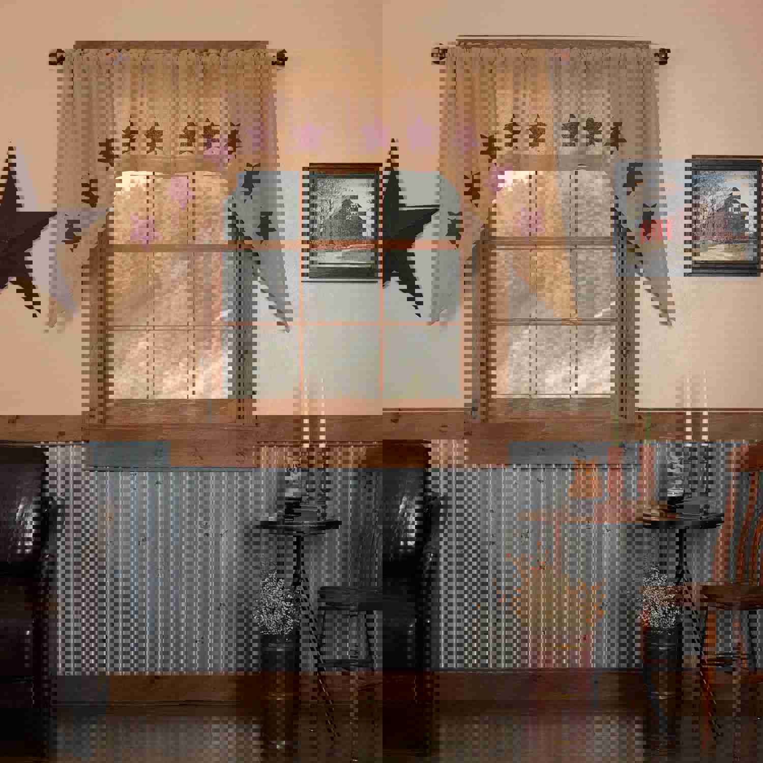 Burlap with Burgundy Stencil Stars Swag Set of 2 - 36x36x16 - Primitive Home Decor