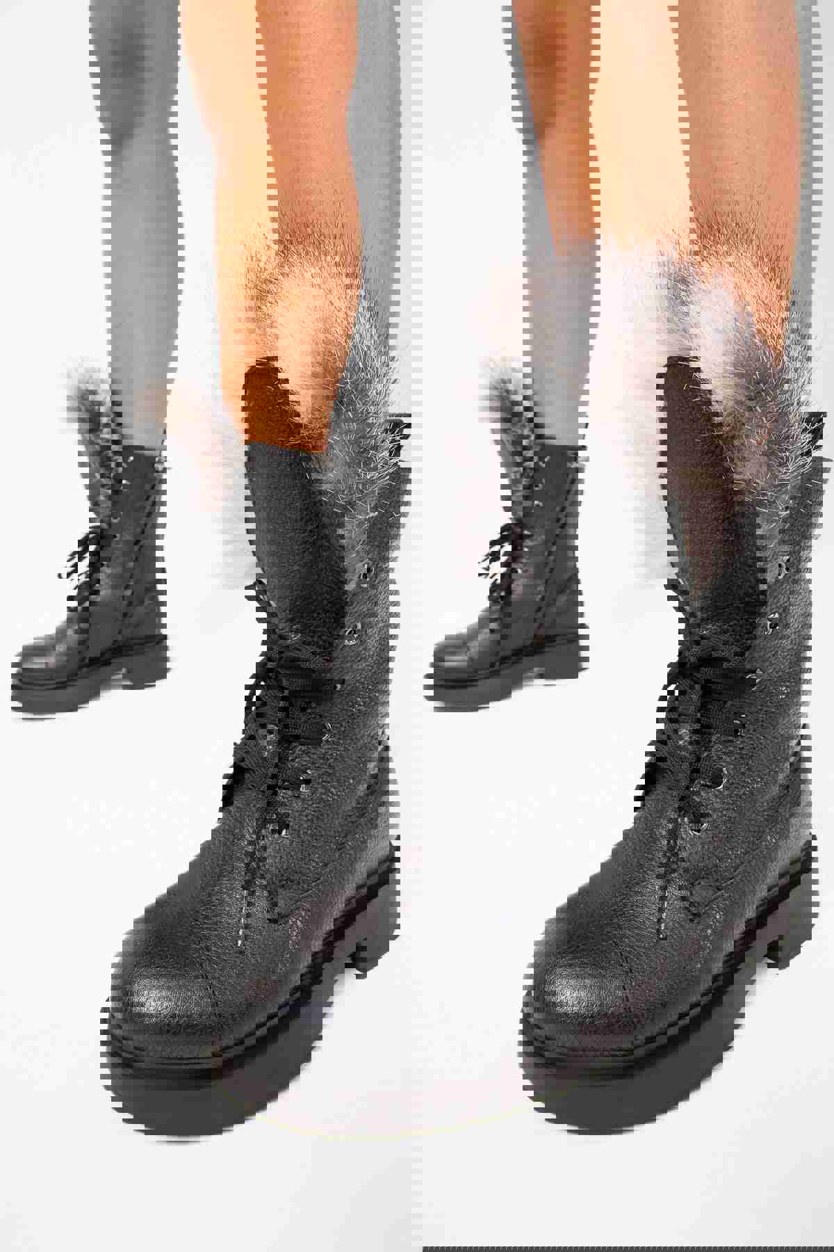 Kajapati Black Leather Natural Fur Mid Calf Women Boot