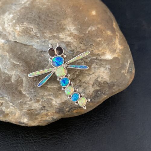 Handmade Zuni White Blue Opal Inlay Dragonfly Sterling Silver Necklace Pin Pendant
