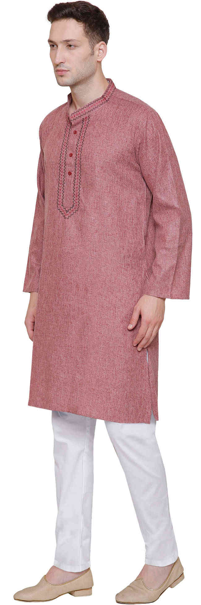 Cotton Embroidered Men's Kurta Pajama - Traditional Indian Attire (Maroon)
