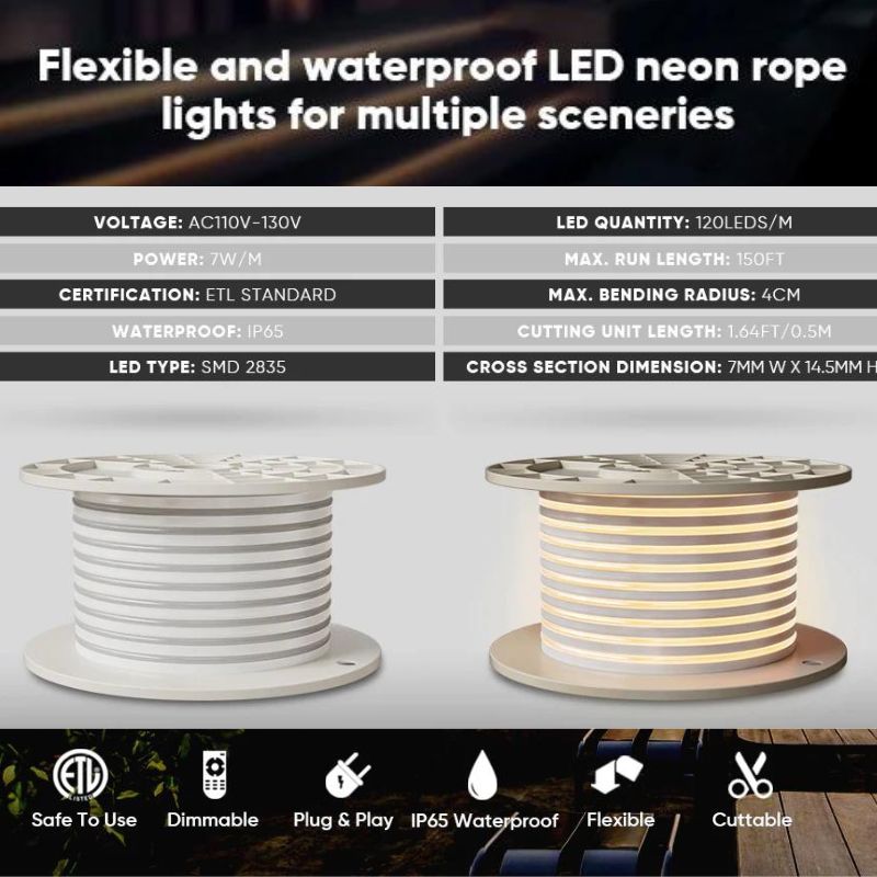 Warm White LED Neon Light - 3000K, 7W/Meter, 240LM/W, IP65, Energy Efficient, ETL Listed