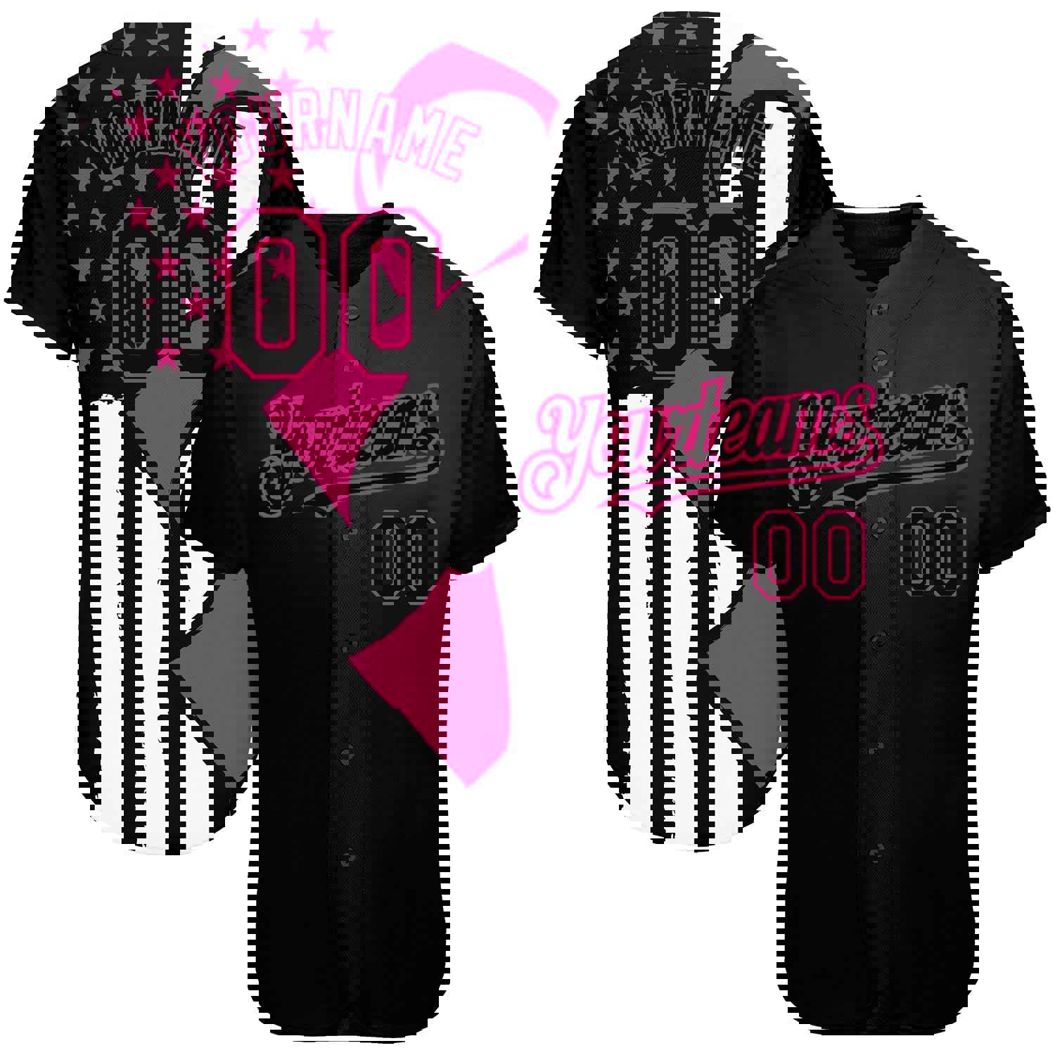 Custom Black Hot Pink-White 3D Pink Ribbon Breast Cancer Awareness Baseball Jersey