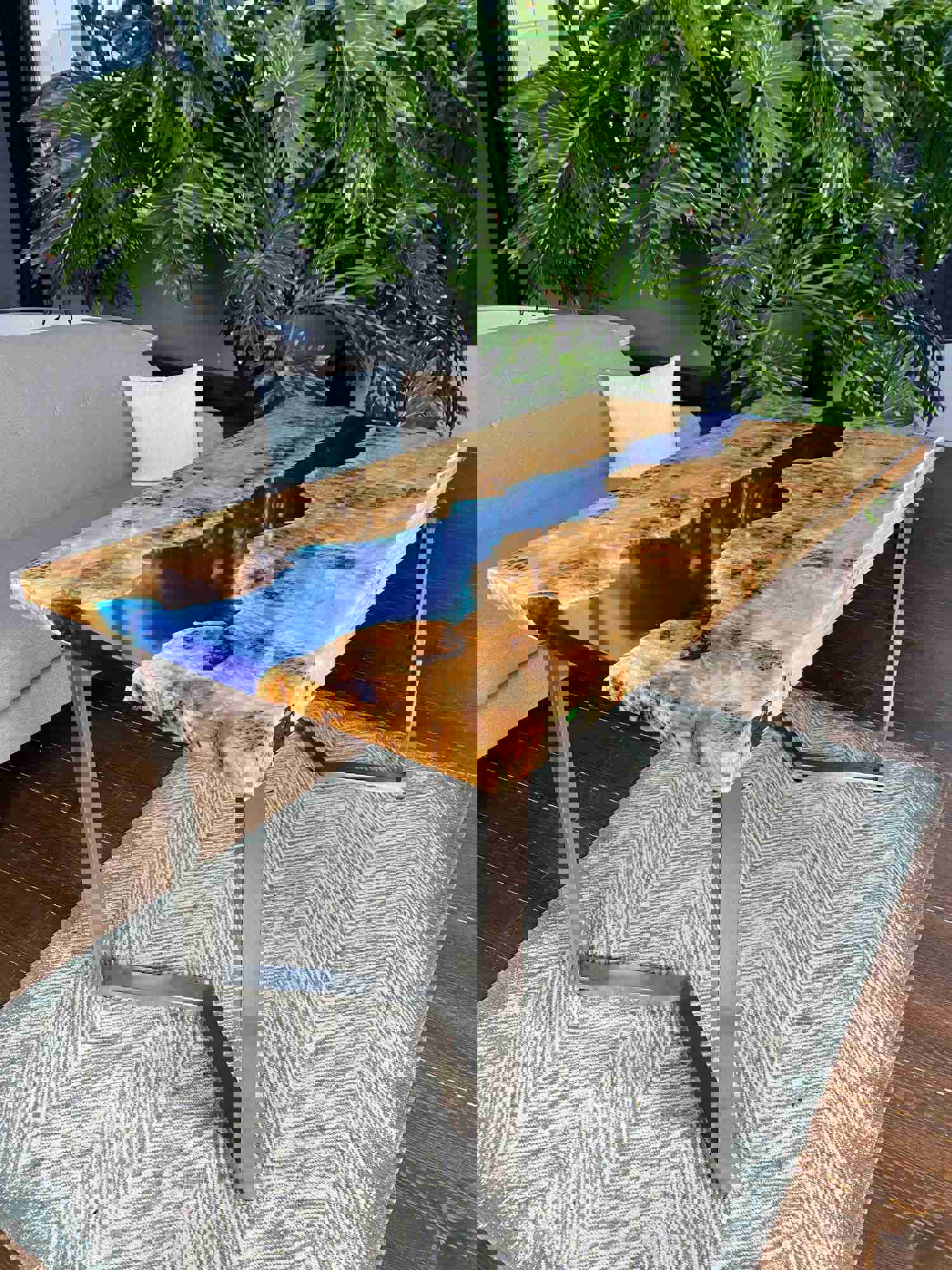 Custom Rectangular Epoxy River Dining Table with Poplar Wood and Blue Resin