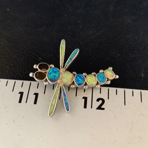 Handmade Zuni White Blue Opal Inlay Dragonfly Sterling Silver Necklace Pin Pendant