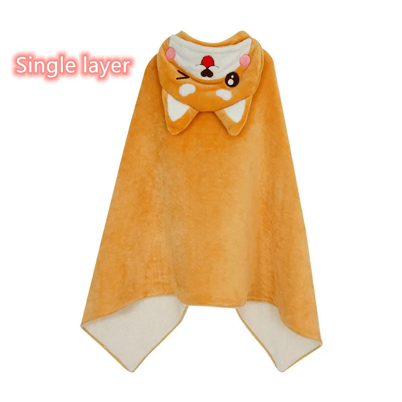 Shiba Inu Flannel Plush Blanket - 140/170cm Cartoon Dog Shawl, Warm Winter Gift for Baby Girl