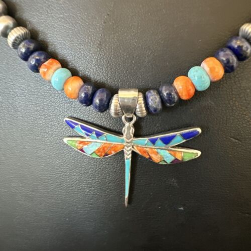 Dragonfly Sterling Silver Turquoise Spiny Inlay MultiColor Pendant