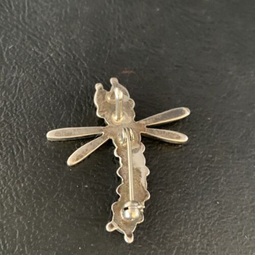 Handmade Zuni White Blue Opal Inlay Dragonfly Sterling Silver Necklace Pin Pendant
