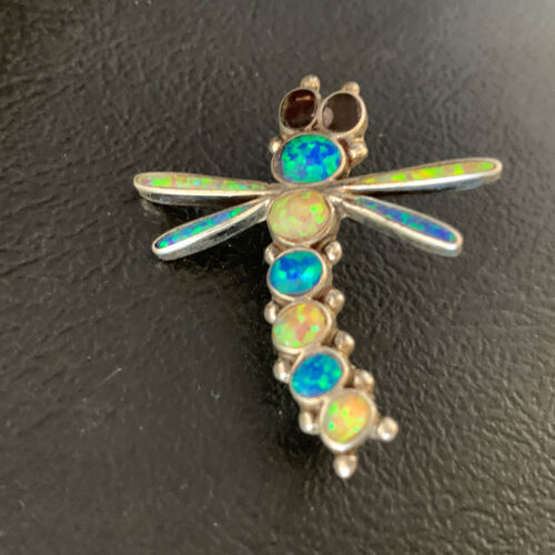 Handmade Zuni White Blue Opal Inlay Dragonfly Sterling Silver Necklace Pin Pendant