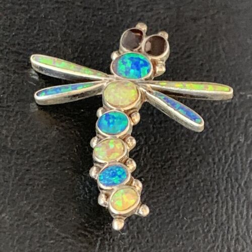 Handmade Zuni White Blue Opal Inlay Dragonfly Sterling Silver Necklace Pin Pendant