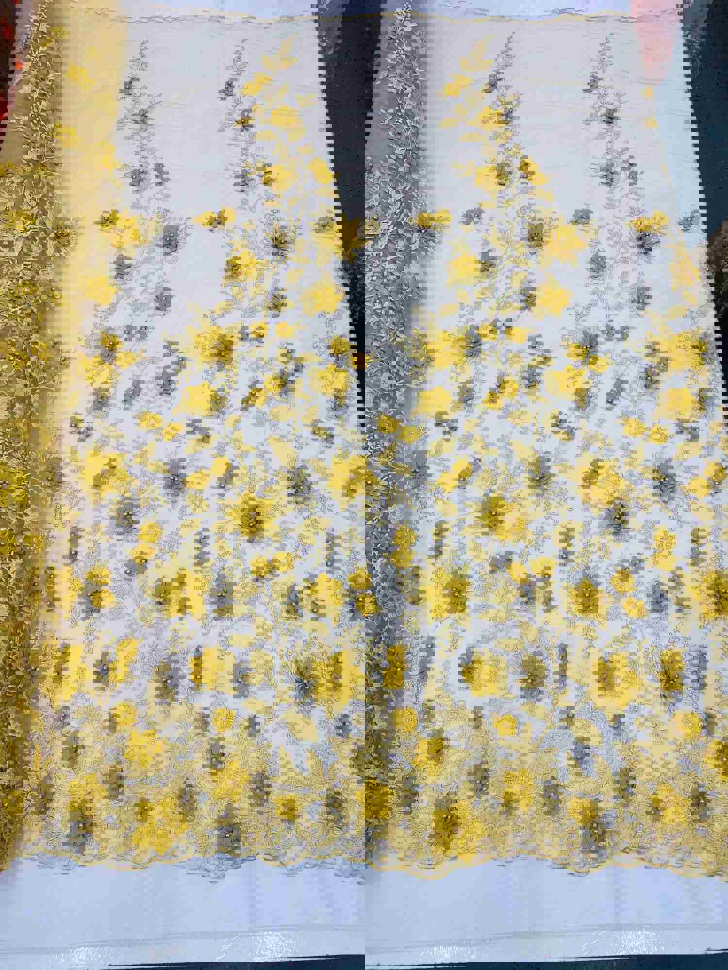 Gold Two Tone 3D Floral Design Embroidered and Beaded Mesh Lace Fabric