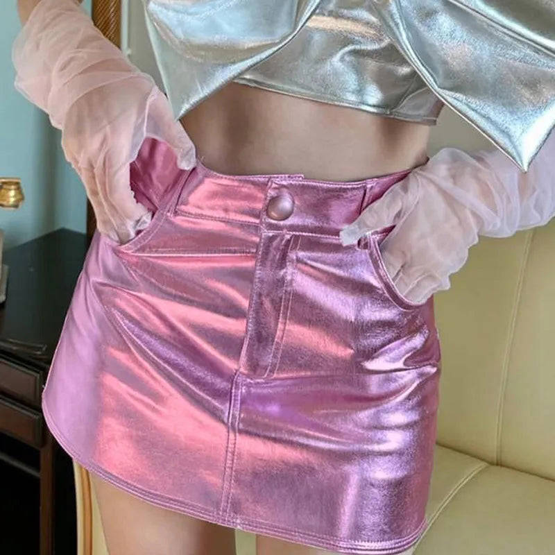 Nukty Y2k Pink Metallic Fashion Short Skirt for Women