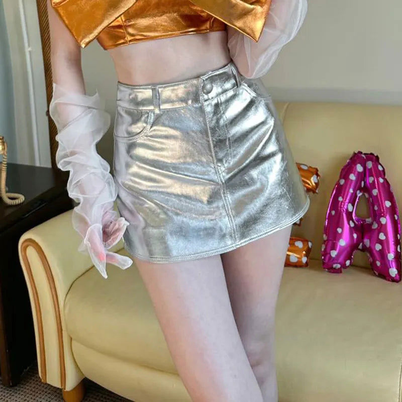Nukty Y2k Pink Metallic Fashion Short Skirt for Women