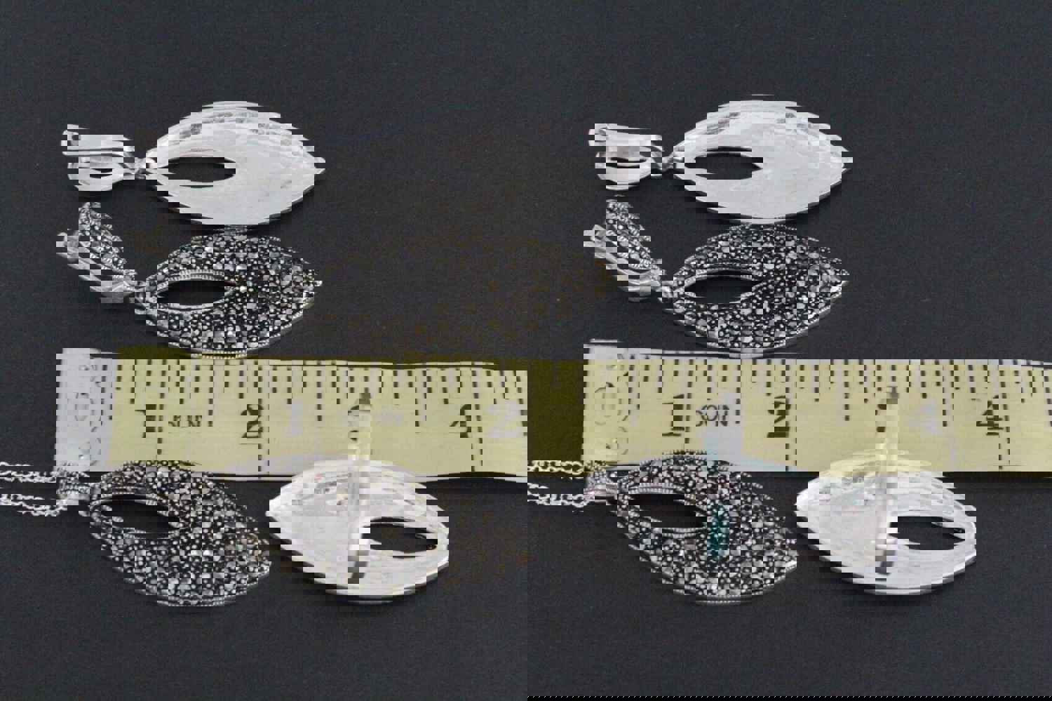 Sterling Silver 925 Earrings, Ring, Pendant, and Chain Set with Marcasite Stones